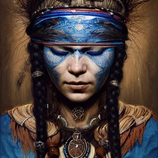 Image similar to A young blindfolded shaman woman with a decorated headband, in the style of heilung, blue hair dreadlocks and wood on her head, atmospheric lighting, intricate detail, cgsociety, ambient light, dynamic lighting, art by karol bak