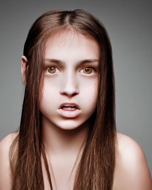 Prompt: photo portrait 1 5 - year old girl with lush brown hair, large front teeth, and bright piercing brown eyes, hyper realistic face, beautiful eyes, by mario testino