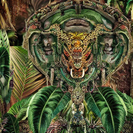 Prompt: mayan supernatural beings, pattern, jungle, intricate entanglement of botanical features, intricate details, octane render, trending on deviantart