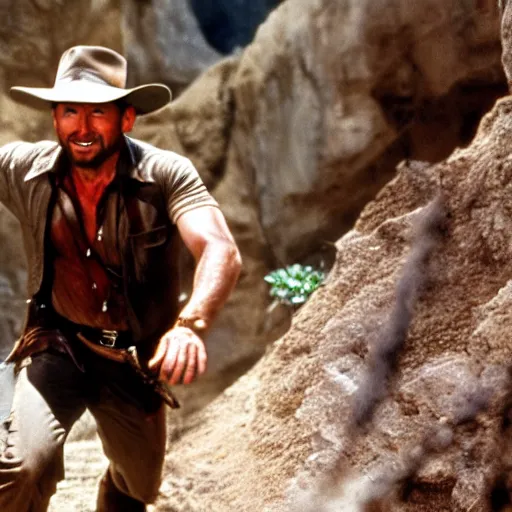 Prompt: indiana jones movie, running away from a builder in a cave