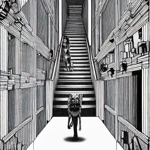 Image similar to a giant wolf in a huge bright maze of many doorways and lots of stairs, many doorways, inside MC Escher architecture, artstation, Junji Ito, epic composition