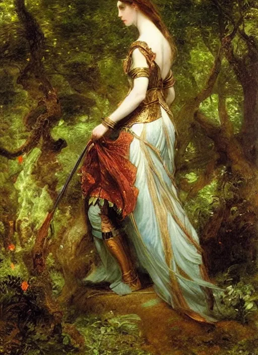 Image similar to woman in dark princess dragon armor, walking on the mystical garden, portrait. by william henry hunt