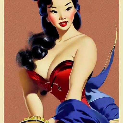 Image similar to pin - up portrait of a beautiful young curvaceous mulan, pretty long hair, intense flirting, showing curves, symmetrical face, digital art, smooth, extremely detailed,, by wu bayard, by gil elvgren, by ralph horsley, by hanks steve