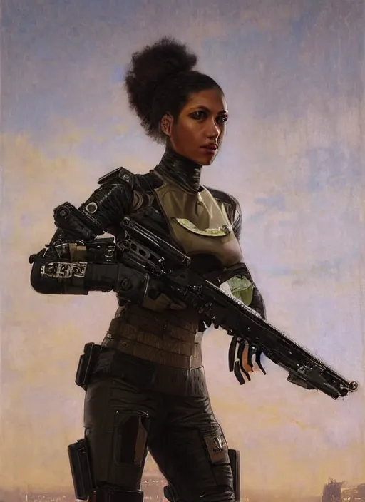 Image similar to Beautiful Juliana. beautiful female cyberpunk Blackops commander wearing a military vest and military stealthsuit (cyberpunk 2077, Blade Runner 2049). gorgeous face. African woman. Orientalist portrait by john william waterhouse and Edwin Longsden Long and Theodore Ralli and Nasreddine Dinet, oil on canvas. Cinematic, hyper realism, realistic proportions, dramatic lighting, high detail 4k