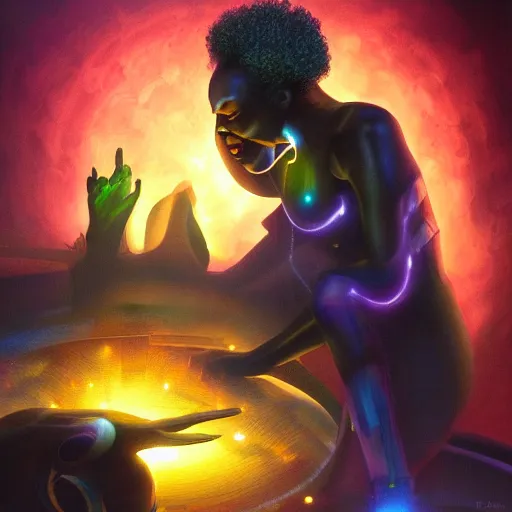 Prompt: afrofuturistic techno - mage uploading ancestral knowledge to the uni - mind interface, dark fantasy, occult, high - quality, surrealist oil painting, artstation