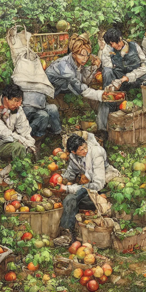 Image similar to oil painting scene from apple gardeners by kim jung gi