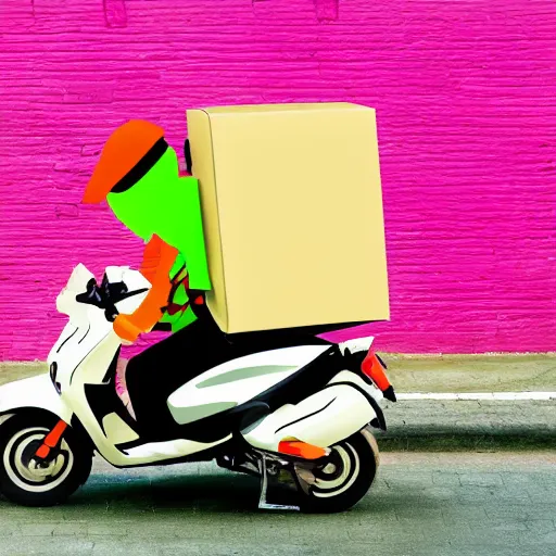 Image similar to delivery driver on moped delivering packages, bright color, bubbly, digital cartoon syle image, no blur, white background