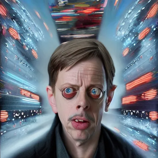 Image similar to hyperrealistic mixed media high resolution painting of a Steve Buscemi as Austin Powers, stunning 3d render inspired art by István Sándorfi and Greg Rutkowski and Unreal Engine, perfect symmetry, dim volumetric lighting, 8k octane beautifully detailed render, post-processing, extremely hyper-detailed, intricate, epic composition, highly detailed attributes, highly detailed atmosphere, cinematic lighting, masterpiece, trending on artstation, very very detailed, masterpiece, stunning, flawless structure, lifelike texture, perfection,