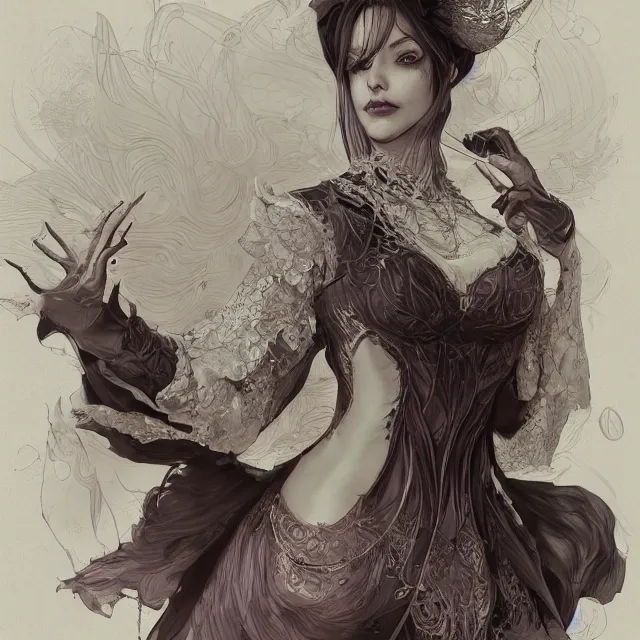 Image similar to the portrait of the lawful evil sorceress lawyer as an absurdly beautiful, graceful, elegant, sophisticated, woman, an ultrafine hyperdetailed illustration by kim jung gi, irakli nadar, intricate linework, bright colors, octopath traveler, final fantasy, unreal engine 5 highly rendered, global illumination, radiant light, detailed and intricate environment