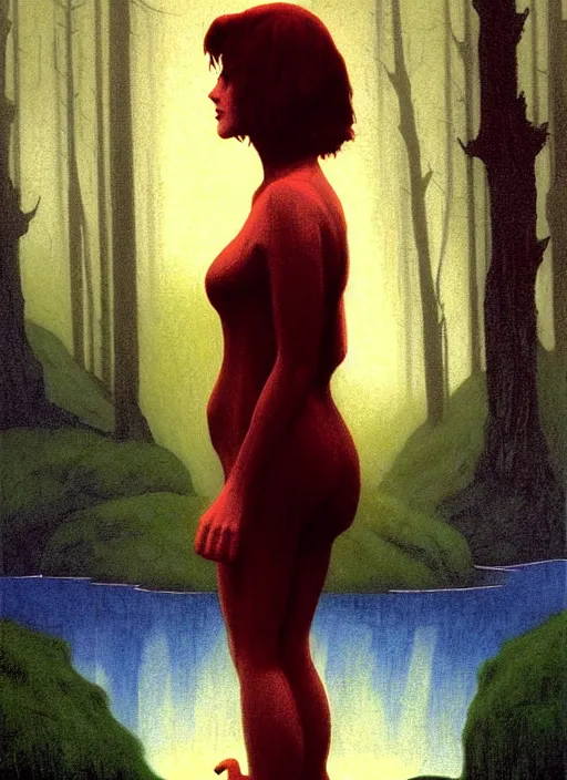 Prompt: twin peaks poster art, from scene from twin peaks, by jeffrey catherine jones, michael whelan, rossetti bouguereau, artgerm, retro, nostalgic, old fashioned, portrait of jennifer connelly standing in a mysterious pond, the supernatural entities may come
