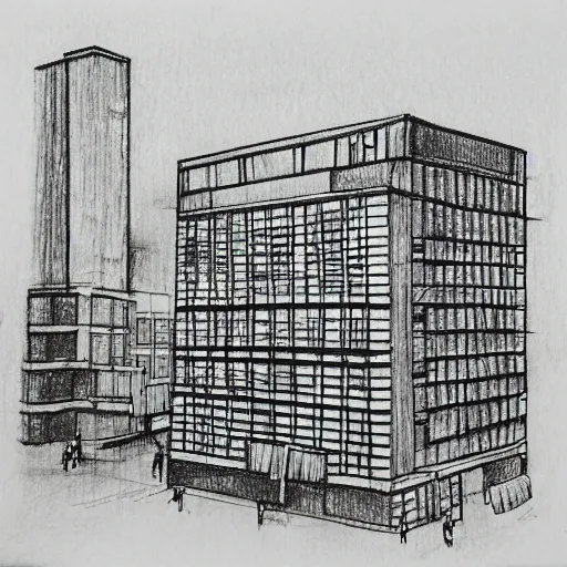 Prompt: drawing of bauhaus buildings in a square in tel aviv. highly detailed. pen drawing watercolors.