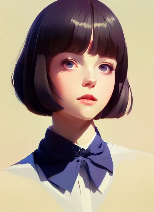 Image similar to full body beautiful and cute and aesthetic school girl greeting, very slightly smiling, wave a hand at the camera, perfect face, symmetric eyes, sharp focus, specular reflection, occlusion shadow, artstation, by ilya kuvshinov and jeremy lipking, light novel cover art, 3 d epic illustrations, symmetric body