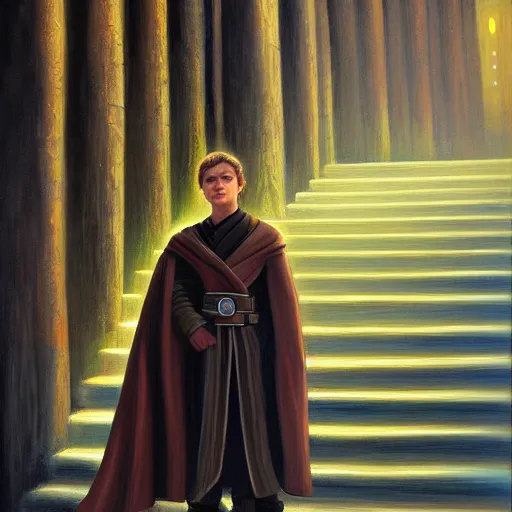 Image similar to anakin at the steps of the jedi temple, oil paint, art station, highly detailed, nighttime