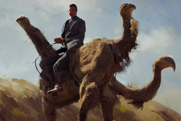 Image similar to portrait of a business man riding an ostrich, art by anders zorn, wonderful masterpiece by greg rutkowski, beautiful cinematic light, american romanticism by greg manchess, jessica rossier