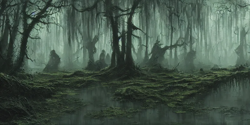 Image similar to Rancid and malevolent swamp, dark murky atmosphere, green hue, Darek Zabrocki, Marcin Rubinkowski, Lorenzo Lanfranconi, Karlkka, trending on Artstation, 8K