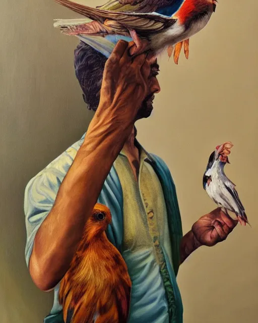 Image similar to a realistic stylized phychedelic painting of a man holding a bird in his hand, an oil painting by benito quinquela martin, behance contest winner, american scene painting, oil on canvas, detailed painting, art