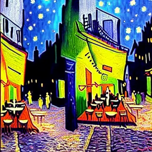Prompt: Realistic version of Cafe Terrace at night by Vincent Van Gogh