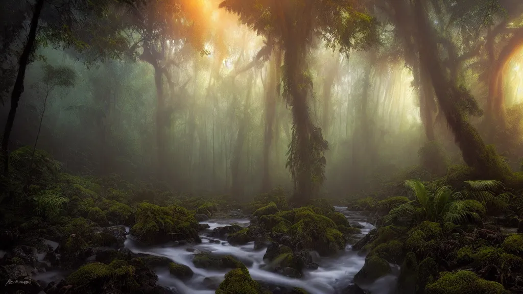 Prompt: amazing landscape photo of a tropical forest by marc adamus, beautiful dramatic lighting