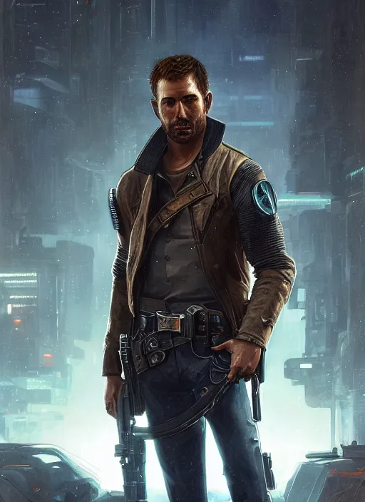 Image similar to arthur morgan. cyberpunk police trooper in a military vest ( blade runner 2 0 4 9, cyberpunk 2 0 7 7 ). orientalist portrait by john william waterhouse and james gurney and theodore ralli and nasreddine dinet, oil on canvas. cinematic, hyper realism, realistic proportions, dramatic lighting, high detail 4 k