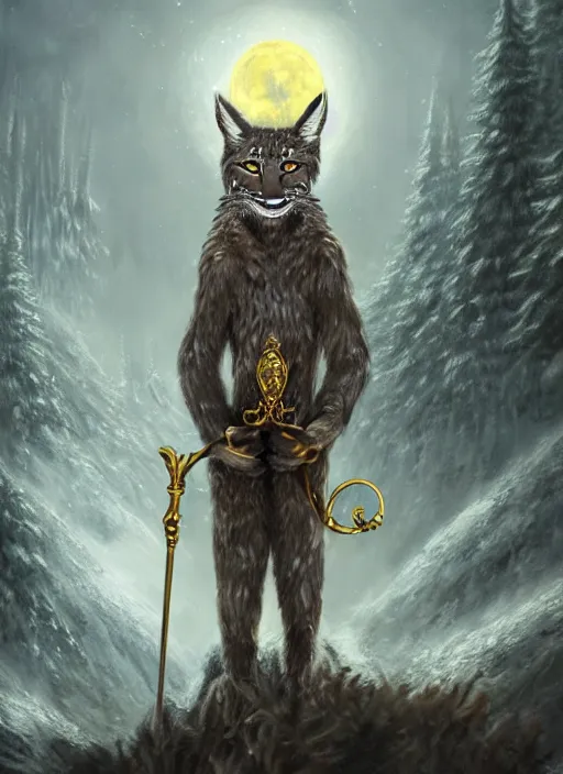 Image similar to anthropomorphic lynx holding a golden intricately decorated shiny scepter, night, spruce trees on the sides, mountains in the background, eerie dark atmosphere, moonlit, back light, in the style of fantasy movie, fantasy art, fantasy matte painting, bowater, amano, trending on artstation