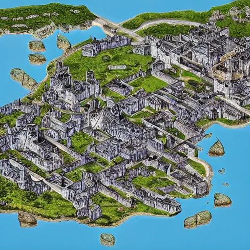 Prompt: The city of Tar Valon fills the entire island of the same name, which is eight miles long and three miles wide at its widest point. The entire island is surrounded by thick, impressive walls, approximately 50 feet tall and punctuated by sixty-four guard towers, each around 100 feet high.