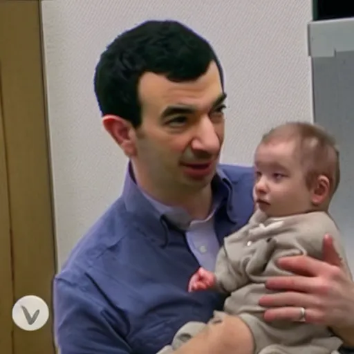 Image similar to cctv of Nathan fielder holding a baby