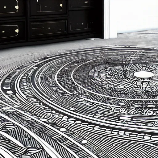 Prompt: art nouveau floor pattern, solar system, scifi inspired, thin lines, black and white