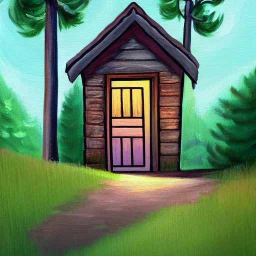 Image similar to a painting of a notepad that is also a door to a cottage in the woods, trending on artstation, detailed digital art, aesthetic!!!!,