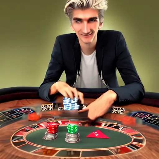 Image similar to a high quality photo of handsome gigachad XQC gambling, photorealism, 8k, artstation