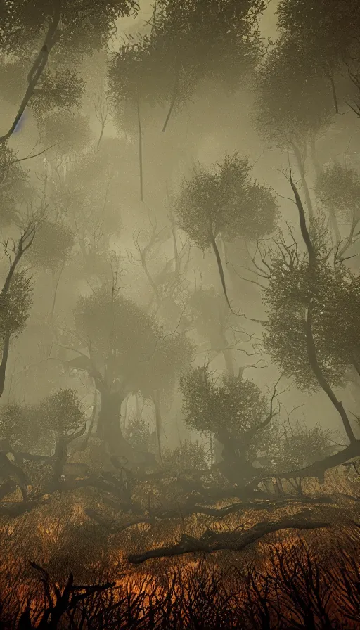 Prompt: a storm vortex made of many demonic eyes and teeth over a forest, with cryengine