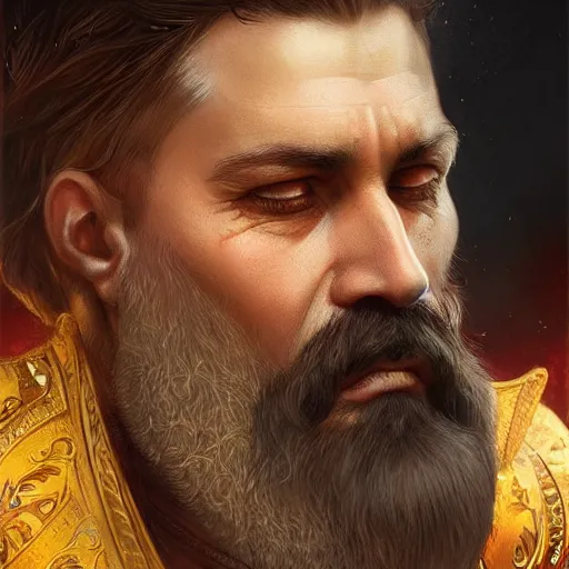 Image similar to bearded sultan, portrait, headshot, D&D, fantasy, highly detailed, digital painting, artstation, concept art, sharp focus, illustration, art by artgerm and greg rutkowski and alphonse mucha