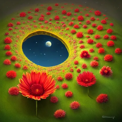 Prompt: by Gediminas Pranckevicius, Not often, but occasionally. A star is born in a flower. Nestled in a soft bed of pollen and petals it can grow in the most unlikely of places. Just waiting for a lucky creature to find it,night star sky background Galaxys, red and yellow flower