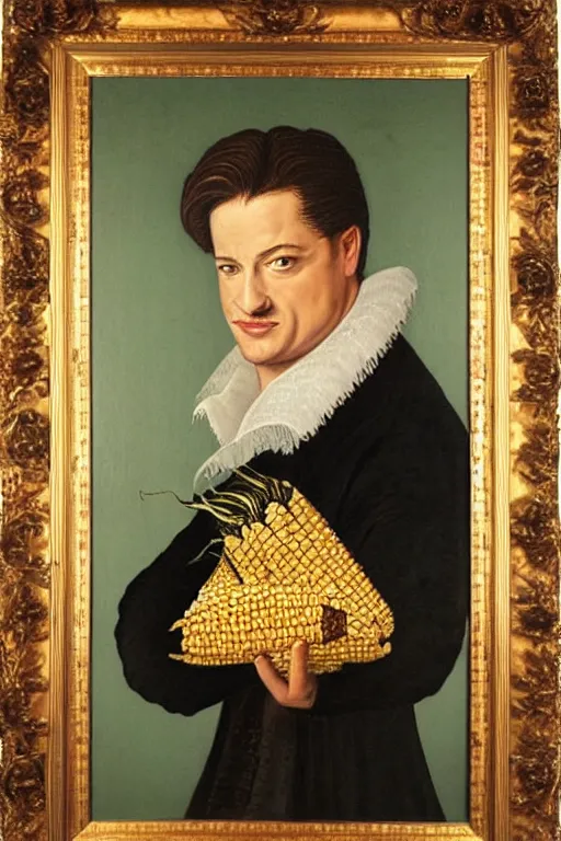Prompt: a 1 6 0 0 s framed portrait painting of brendan fraser holding corn, intricate, elegant, highly detailed