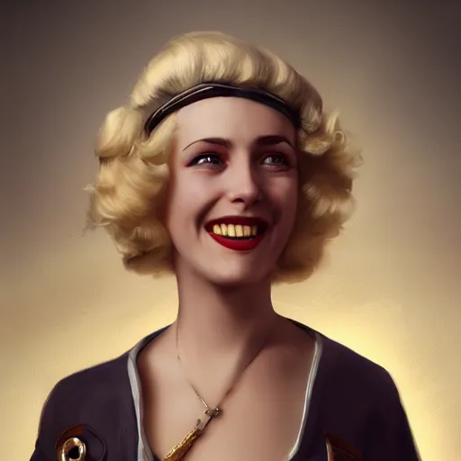 Prompt: laughing, teasing, beautiful, intelligent, blonde female pirate captain 2 8 years old, 1 9 3 0 s haircut, fully clothed, wise, beautiful, 1 7 5 0 s oil painting, dramatic lighting, trending on artstation, sharp focus