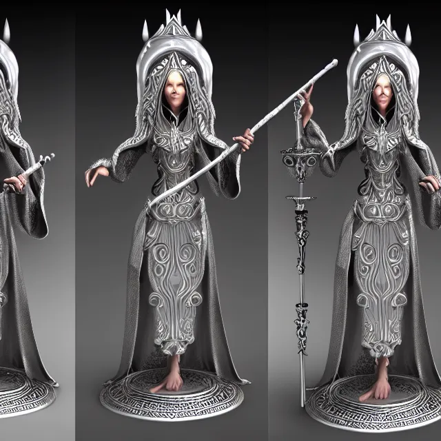 Image similar to elemental moon witch in ornate silver robes and staff, highly detailed, 8 k, hdr, anne stokes