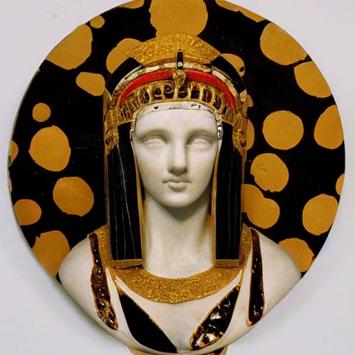 Image similar to portrait of cleopatra made of white marble and black onyx fusion, gold and red splatters, by michelangelo,