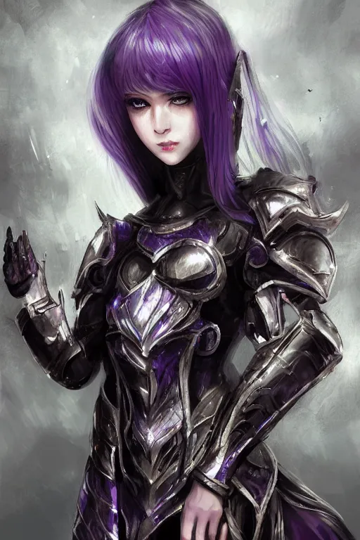 Image similar to portrait evilly white hair knights of Zodiac girl, metalic deep purple and black reflected armor, in ruined Agora of Athens thunder sparkling flash night, ssci-fi, fantasy, intricate, very very beautiful, elegant, highly detailed, digital painting, artstation, concept art, smooth, sharp focus, illustration, art by tian zi and WLOP and alphonse mucha