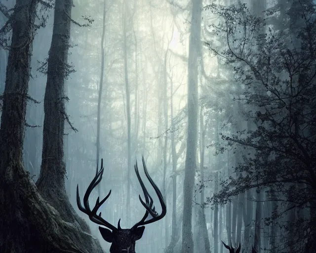 Image similar to 5 5 mm portrait photo of a black stag with antlers and black feathers in a magical forest. scary. magical atmosphere. art by greg rutkowski and luis royo. highly detailed 8 k. intricate. lifelike. soft light. nikon d 8 5 0.