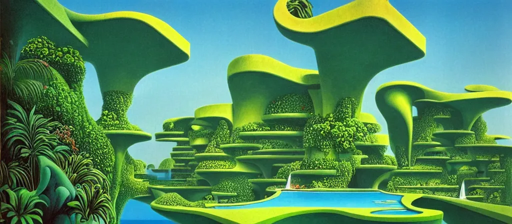 Image similar to huge gargantuan angular dimension of infinite poolrooms, buildings by escher and ricardo bofill. utopian landscape by roger dean. magical realism, surrealism, lush tropical jungle, waterfalls, clouds, mallsoft, vaporwave, trending on artstation, shot from below, epic scale