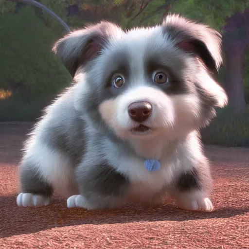 Image similar to a wholesome animation key shot of a grey and copper colored australian shepherd puppy, studio ghibli, pixar and disney animation, sharp, rendered in unreal engine 5, anime key art by greg rutkowski, bloom, dramatic lighting