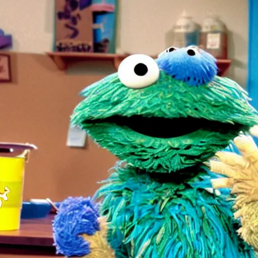 Image similar to Cookie Monster Muppet on Sesame Street smoking weed