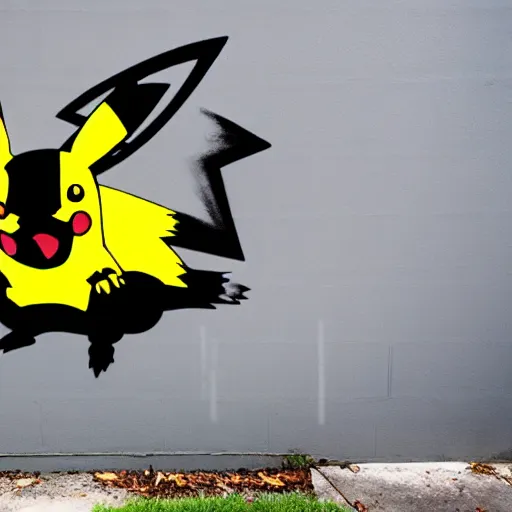 Image similar to pikachu spray painted on the wall, wide angle lens