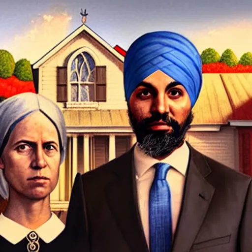 Prompt: Justin Trudeau next to Jagmeet Singh, pictured in the american gothic painting, concept art, sharp focus, highly detailed digital painting by Grant Wood, artstation