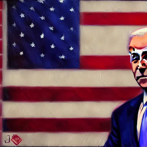 Image similar to joe biden in cyberpunk america, trending on artstation, detailed art, oil painting,