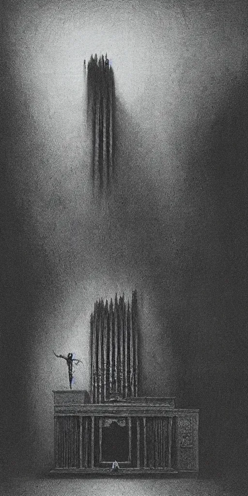 Prompt: Beksiński's and goya nightmare pipe organ, evil lighting, cursed, low perspective