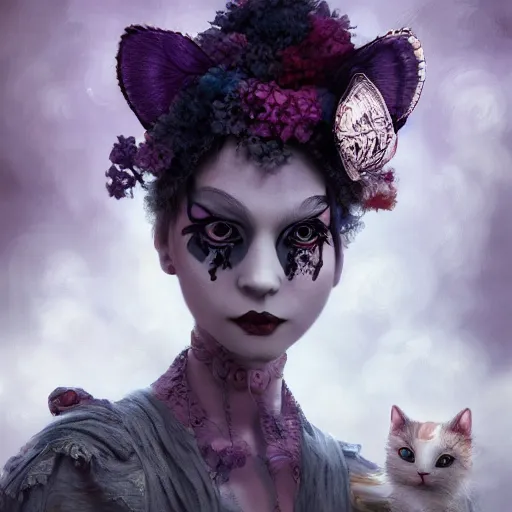 Image similar to picture generation, soft painting curiosities carnival, beautiful cat head hybrid in full long dress, accurate features, focus, very intricate ultrafine details, black white purple volumetric clouds, award winning masterpiece, octane render 8 k hd, tom bagshaw artstyle