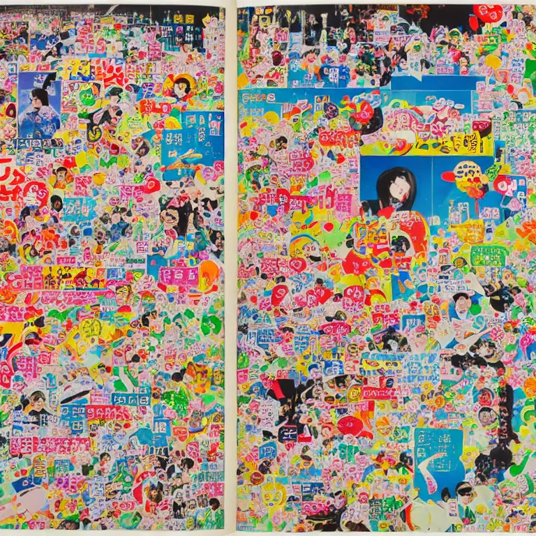 Prompt: an overwhelmingly detailed and colorful japanese magazine page of advertisements