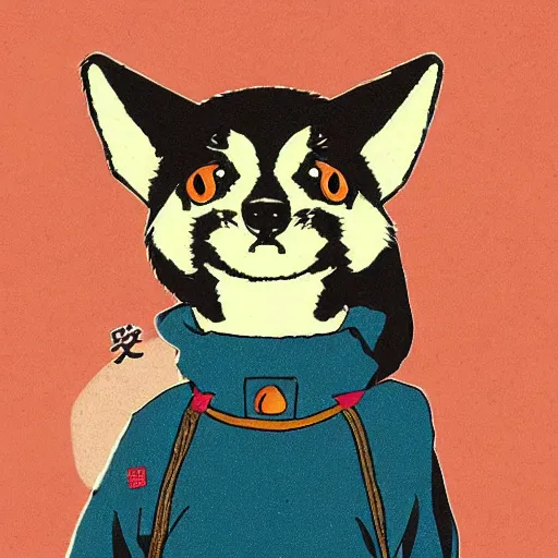 Prompt: shiba inu, 9 0 s anime style by akira kito, by naoya hatakeyama