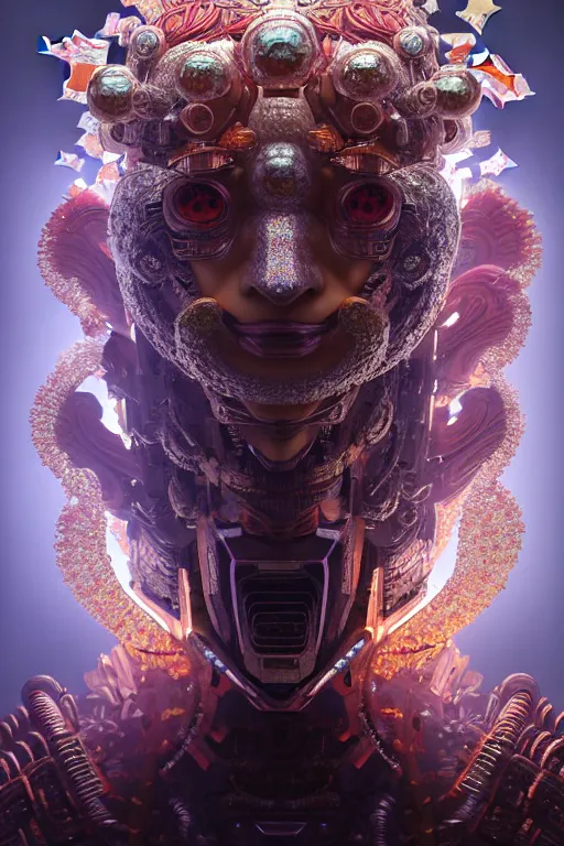 Image similar to asura from chinese myth, ghost, gorgeous and huge head ornaments, dystopian, cyberpunk, organic fractal mycelum and fungi, mecha, halfturn portrait of a big crystal face made of crystals half - turn, ominous, intricate, studio, art by anthony macbain + greg rutkowski + alphonse mucha, concept art, 4 k, sharp focus