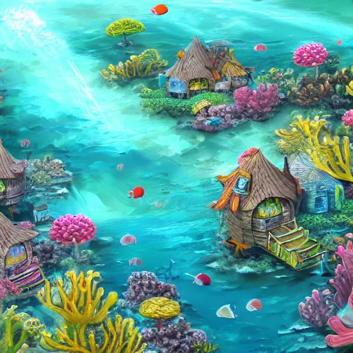 Image similar to coral reef village, underwater, digital art, trending on art station, high detail